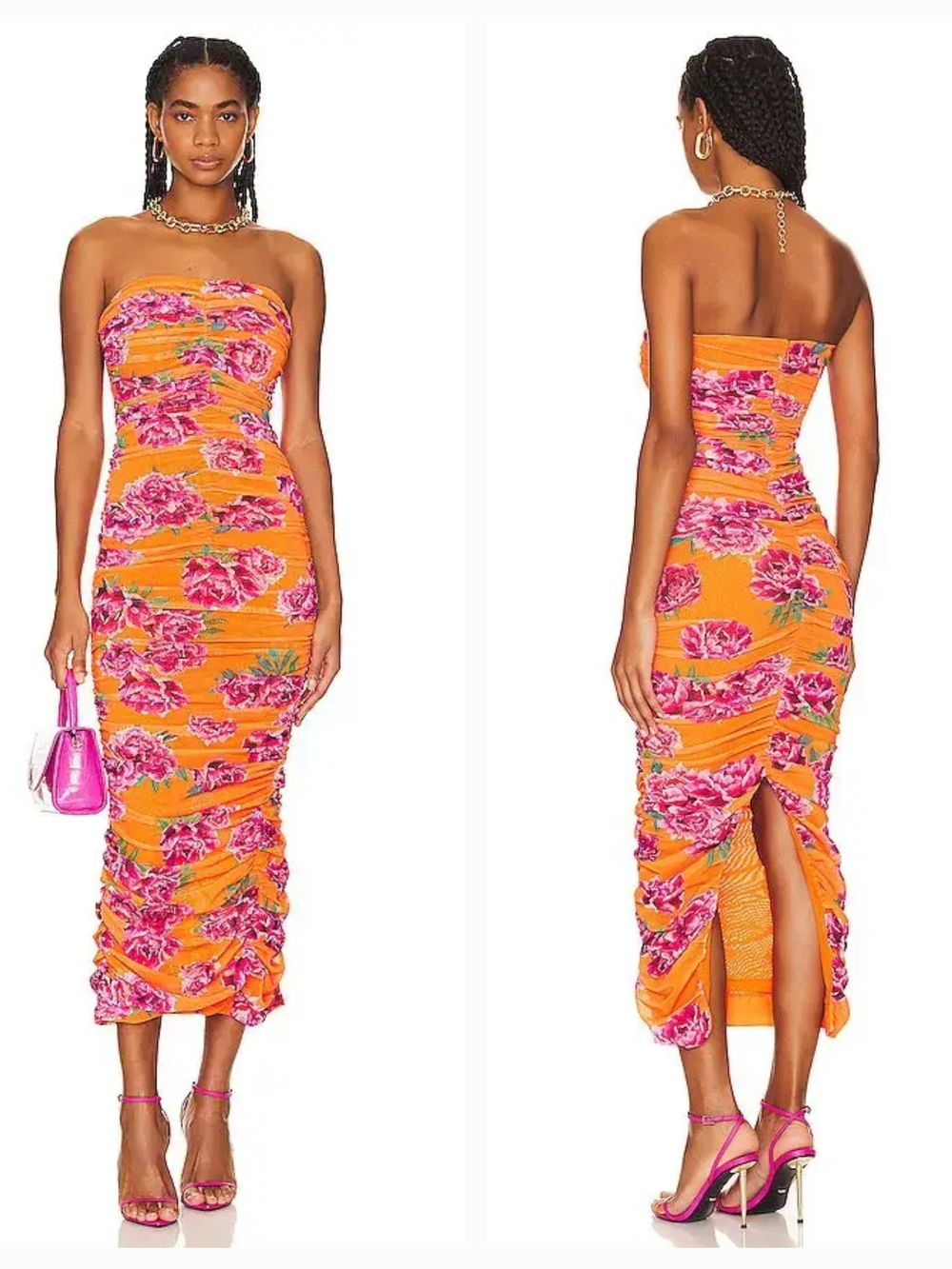 NWT Sau Lee Farrah Strapless Ruched Midi Dress Size US4 Orange & Pink